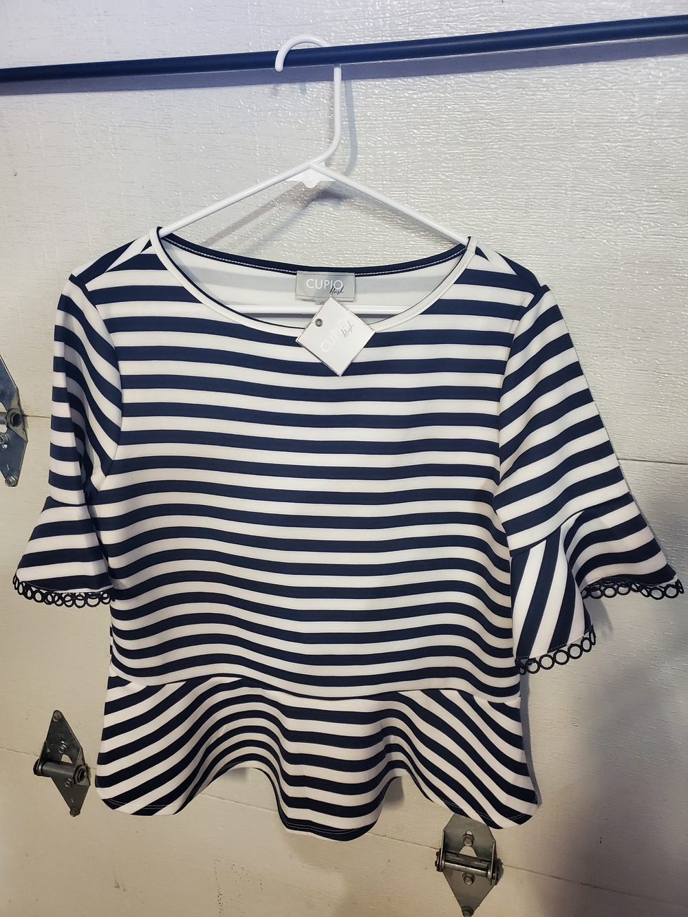 Cupio Navy & White Striped Peplum Blouse with Trimmed Sleeves